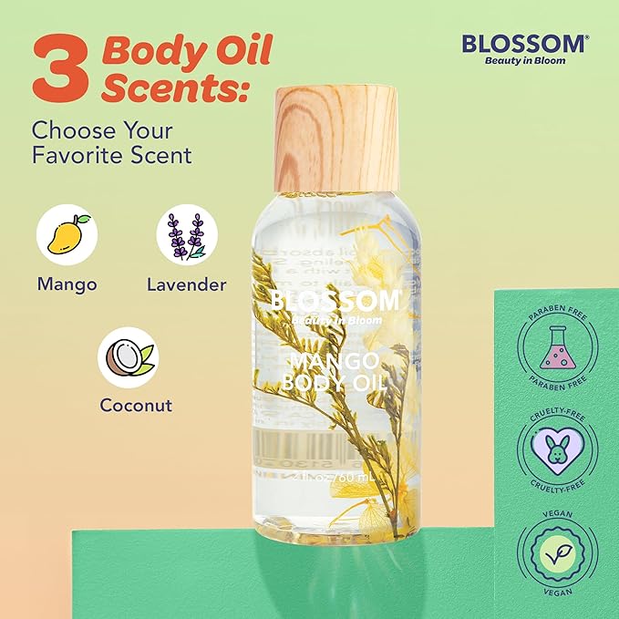 Blossom Dry Body Oil, Scented Body Oils for Women Moisturizing and Hydrating Skincare, Dry Oil for Body Infused with Real Flowers, 2 fl. oz/60ml, Yellow, Mango