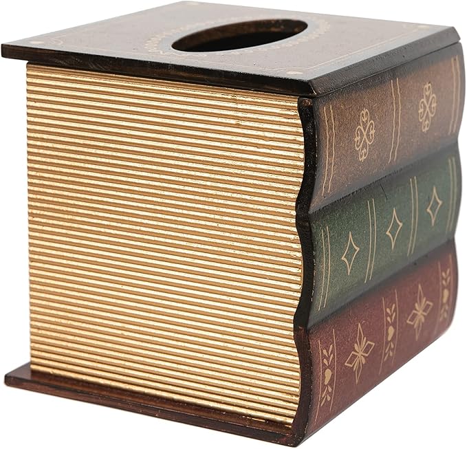 Crafted Classical Retro Wooden Antique Book Tissue Box Cover Square Tissue Holder Dispenser Paper Cover Case Napkin Holder Home Decor for Bathroom Living Room Office car Kitchen (Brown)