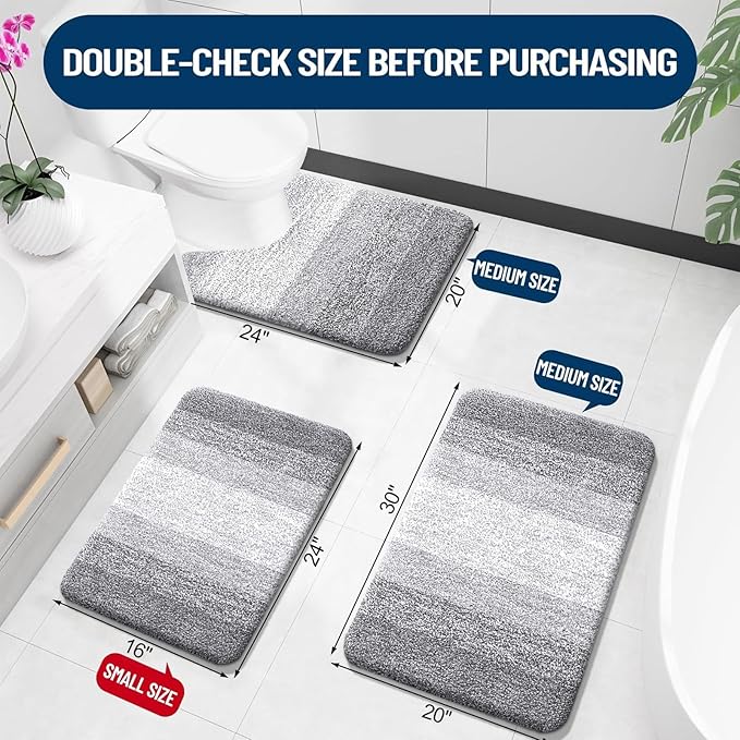 OLANLY Bathroom Rugs Sets 3 Piece, Soft Absorbent Microfiber Bath Mats and U-Shaped Contour Toilet Rug, Plush Shaggy Bath Mat Set for Bathroom (30"x20"+24"x16"+24"x20", Light Grey)