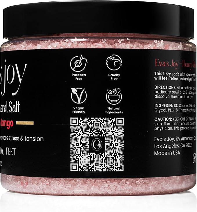 Eva's Joy Malibu Mango Mineral Bath and Foot Soak, Made With Epsom Salt Crystals, Oil-Free, Exfoliating & Nourishing, Refreshing Tropical Scent, Cleanses & Hydrates Skin, 16 oz