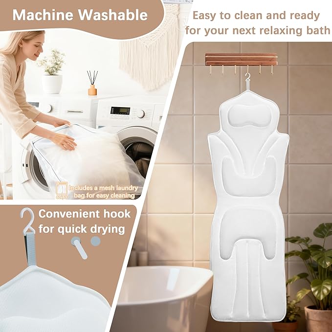 Ergonomic Full Body Bath Pillow for Bathtub, 5D Luxury Spa Cushion with 114 Non-Slip Suction Cups, Extra Long Thick Bath Pillow for Full Body Support, for Adult with Laundry Bag & Hook (Grey) (White)
