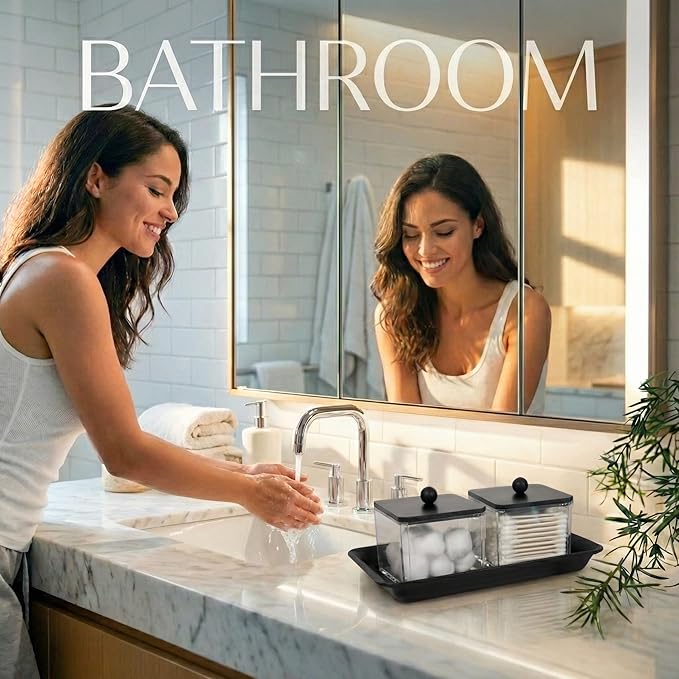 SheeChung Qtip Holder for Bathroom - Acrylic Cotton Swab Dispenser with Black Wood Lid, Clear Apothecary Jar for Cotton Balls, Pads, Flossers, Farmhouse Bathroom Vanity Organizer (2 pack)