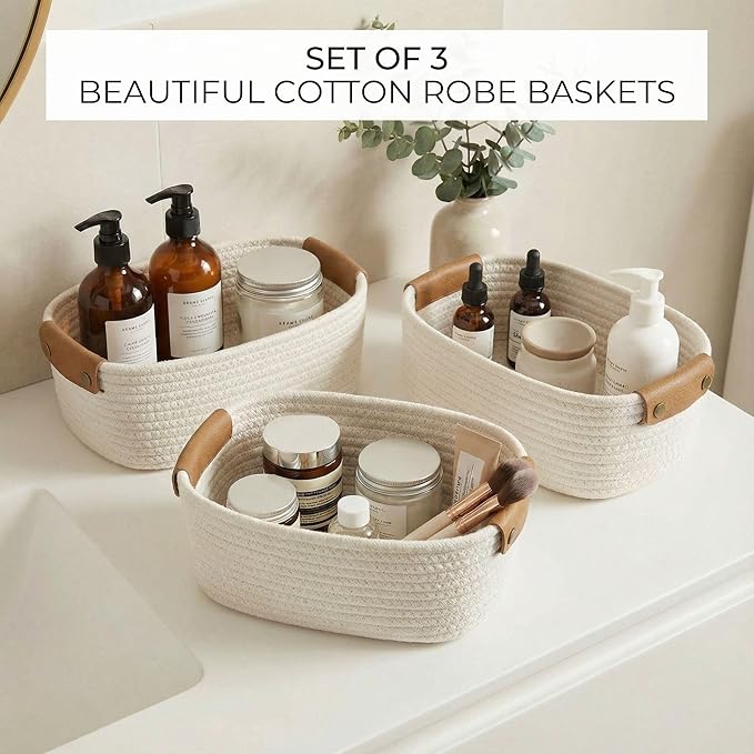 Beautiful Storage Basket Set of 3 - Sturdy Cotton Rope Baskets for Shelves Are Perfect for Organizing Your Home - Quality Storage Bins Easily Fit With Any Nursery or Bedroom Decor