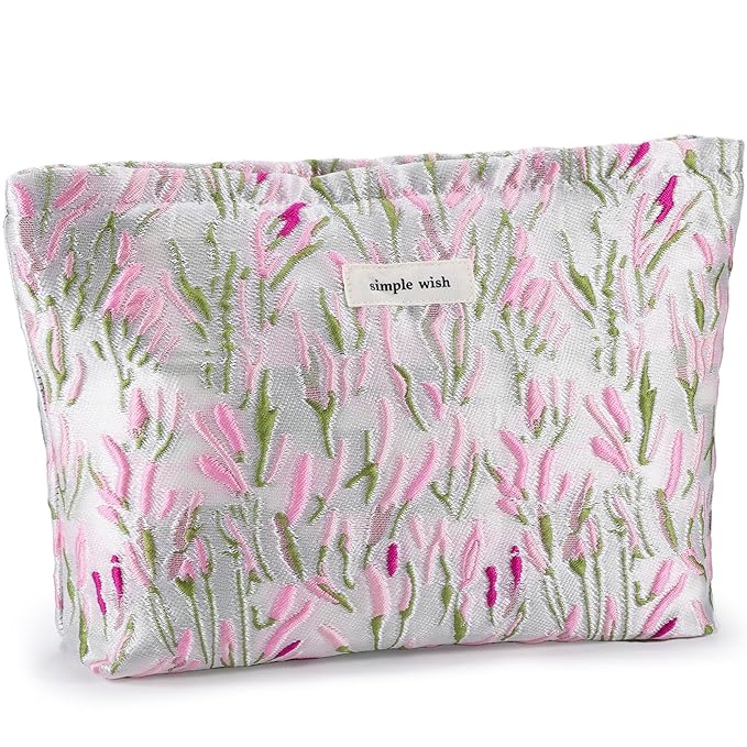 ZLFSRQ Flower Makeup Bag Travel Cute Floral Cosmetic Bags for Women Large Toiletry Pouch Zipper Cosmetic Pouch for Purse Aesthetic Embroidery Makeup Organizer Bag Portable Toiletry Bags(Green &Pink)