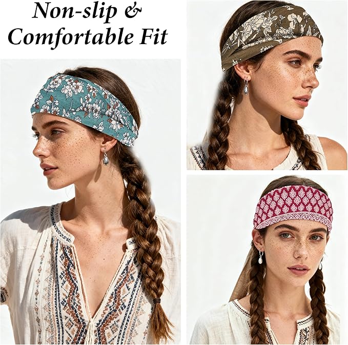 Headbands for Women Non-Slip Workout Hair Bands, 6 Pack Stretchy Athletic Soft Sweatbands, Elastic Cloth Fabric Headband, Fashion Head Bands for Yoga Running Sports Gym Sports Exercise