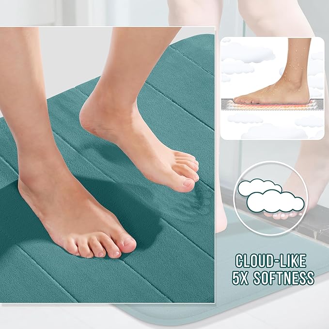 Yimobra Memory Foam Bath Mat Set 2 Piece - Super Soft Absorbent Quick Dry Bathroom Toilet Rugs, Machine Washable Non Slip Floor Carpet for Tub Shower & Single Sink (31.5x20 & 24x20, Teal)