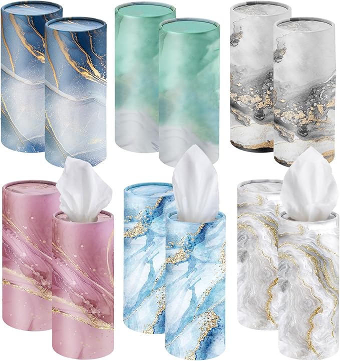 Outus 12 Pcs Marble Car Tissues Cylinder Holder with 3 Ply Facial Tissue Bulk Round Tissue Holder Travel Tissues Boxes Container for Car Cup Wedding Birthday Party