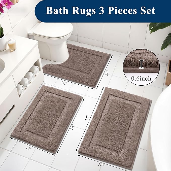 SHACOS Brown Bathroom Rugs Sets 3 Piece, 16"x24" + 20"x32" Bath Rugs + 20"x24" U Shaped Toilet Rugs, Non-Slip Extra Soft Absorbent Bath Rug Washable Bathroom Floor Mats