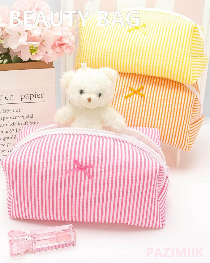 PAZIMIIK 6PCS Cozy Makeup Bag Small Aesthetic Travel Zipper Cosmetic Pouch for Women Make Up Beauty Accessories Brushes, Stripe Hotpink