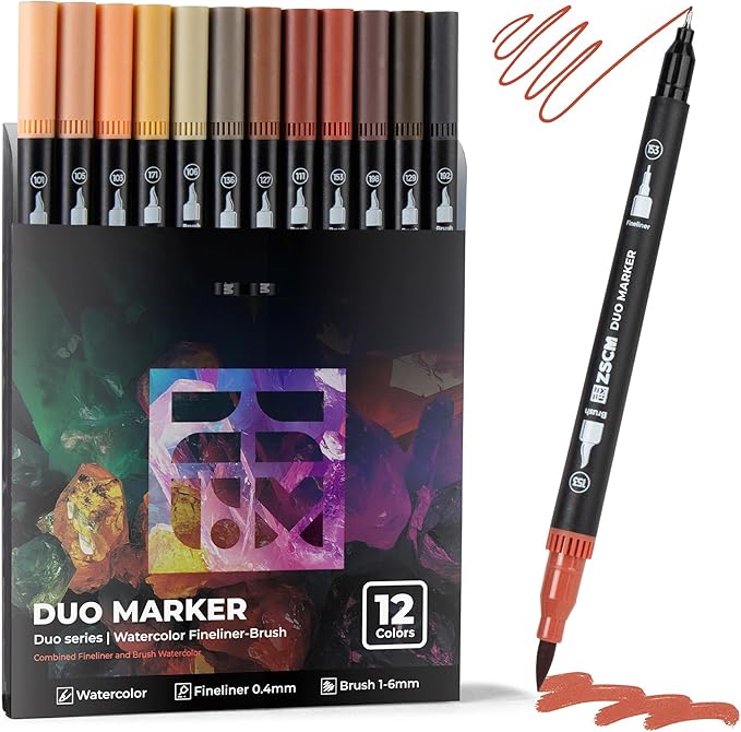 Skin Tone Duo Tip Marker Pens, 12 Pack Fine & Brush Markers for Adult Coloring Books No Bleeding, Watercolor Skin Tone Markers for Hair and Portrait Sketch Drawing Lettering Writing Calligraphy