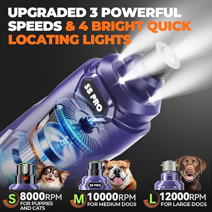 Whisper Quiet Dog Nail Grinder with LED Light, Safe & Stress-Free for Sensitive Dogs of All Breeds & Sizes, 3 Grinding Bits, 3-Speed, Pet Nail Trimmers, Rechargeable Painless Grooming Kit Blue