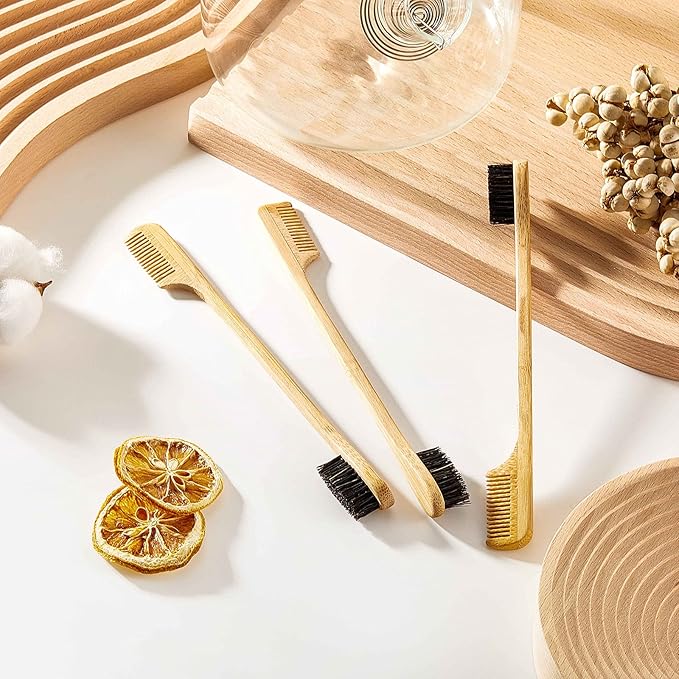 Geiserailie 3 Pieces Moustache Comb and Brush Beard Edge Brushes 2-in-1 Sapling Wood Mustache Comb Gentle Control Bamboo Eyebrow Hair Tool