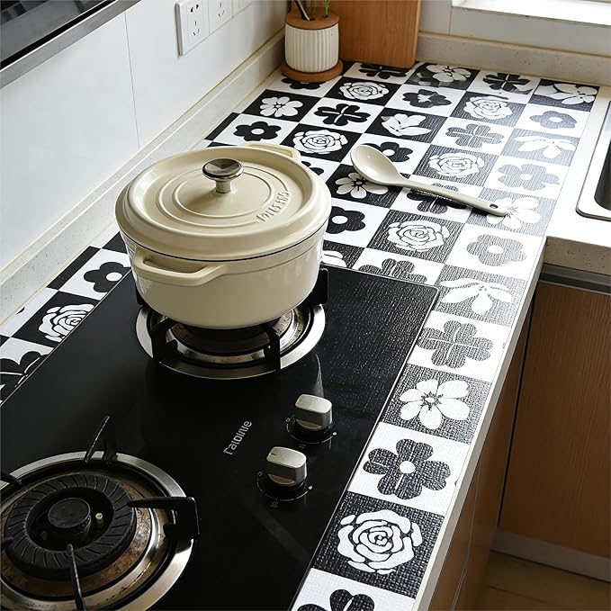 Drawer and Shelf Liner for Kitchen Cabinet,Non Adhesive Anti-Slip Double Layer PVC Waterproof Easy Clean for Dresser Bathroom Refrigerator with Knife Tape Measure(17 in X 30 Ft Black & White Flowers)