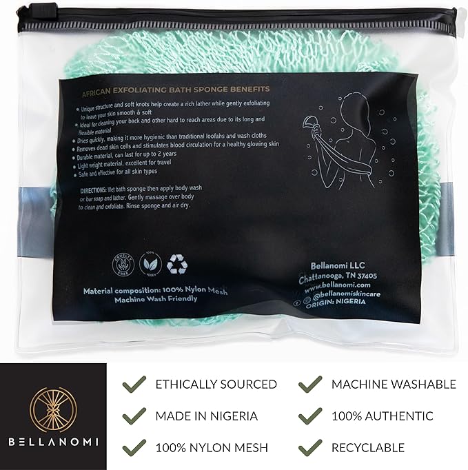 BELLANOMI African Exfoliating Net Sponge, Authentic, Ethically sourced from Nigeria, 45 inches Long, Back Scrubber for Daily use (Seafoam)