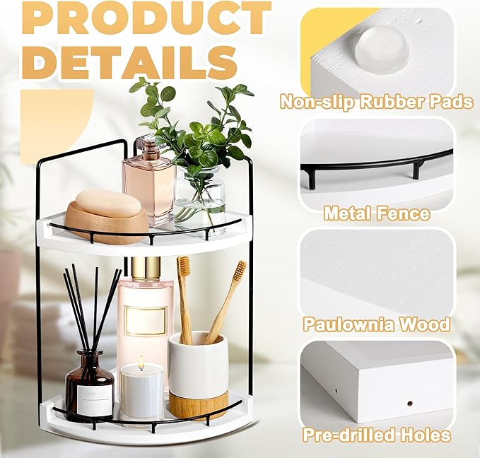 2 Tier Bathroom Counter Organizer, Bathroom Counter Tray and Vanity Organizer, Wood Corner Countertop for Kitchen, Dresser (White)