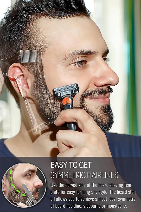 Men's Beard Shaping Tool With Inbuilt Comb Transparent Template Styling Comb Templates for Goatee Mustache Sideburns, Jaw Cheek/Neck Line, Symmetric/Curve/Step Cut (Clear-2pcs)