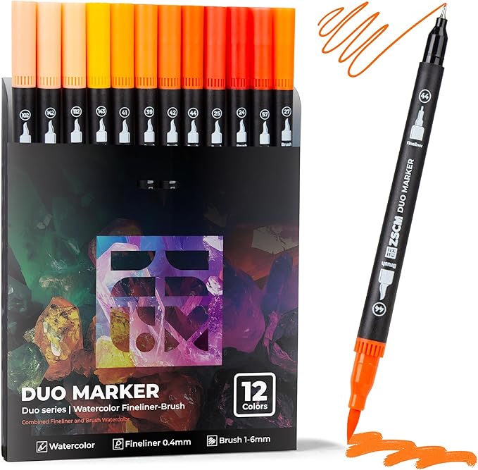Orange Duo Tip Marker Pens, 12 Pack Fine & Brush Markers for Adult Coloring Books No Bleeding, Sunset Orange Markers for Autumn Scenes, Citrus Fruits, Vibrant Fills and Energetic Artworks