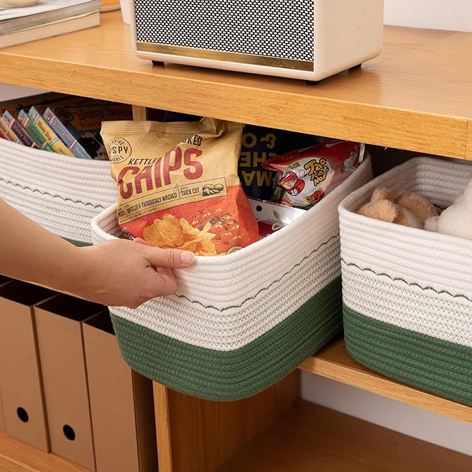 4 Pack Storage Baskets for Organizing, 13"X9"X7.87", Decorative Cotton Rope Baskets for Shelves, Small Woven Basket for Toys, Books and Towels, Green & White
