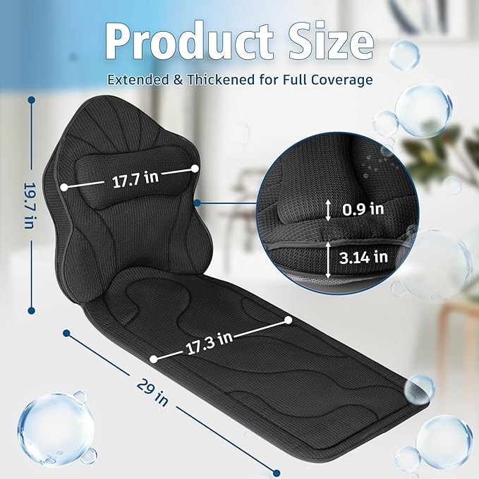 Full Body Bath Pillow for Tub-Extra Thick Bathtub Pillow with Head & Neck Support, Luxury Tub Pillow for Comfort, Non-Slip Bath Cushion for Women, Men & Seniors, Bathroom Accessories