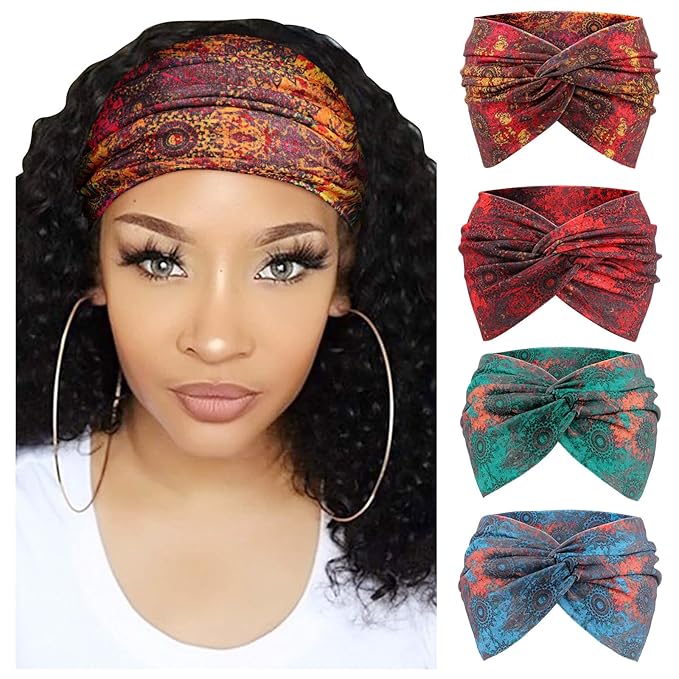 DRESHOW 4 Pack Turban Headbands for Women Wide Vintage Head Wraps Knotted Cute Hair Band Accessories