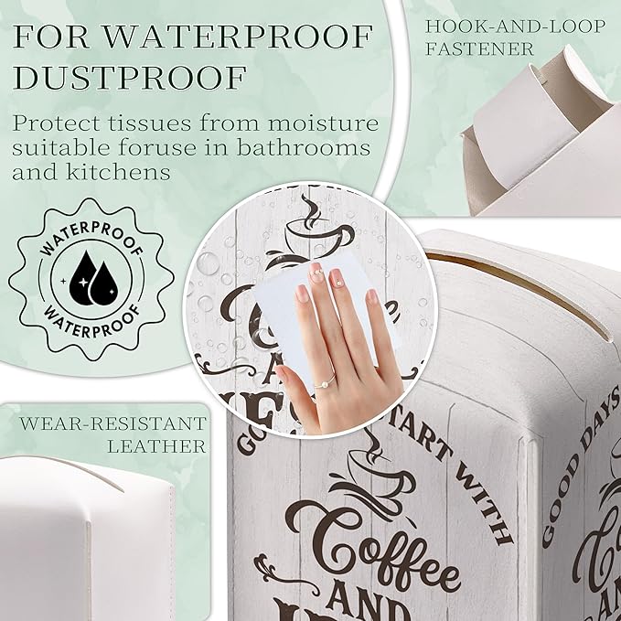Coffee Bar Tissue Box Cover Square, Good Days Start with Coffee and Jesus Waterproof Leather Tissue Box Holder, Farmhouse Paper Facial Tissue Box Covers Cube for Office Home Cafe Station