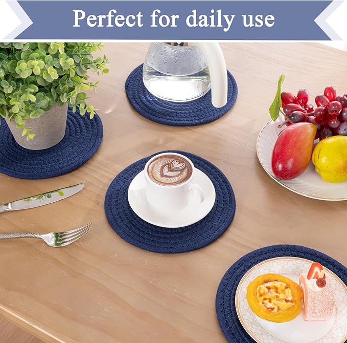 SHACOS 8 Inches Trivets for Hot Dishes, 4 Pieces Cotton Trivets Mats for Kitchen, Heat-Resistant Pot Holders for Countertops and Table, Hot Pads for Hot Pots and Pans, Navy Blue