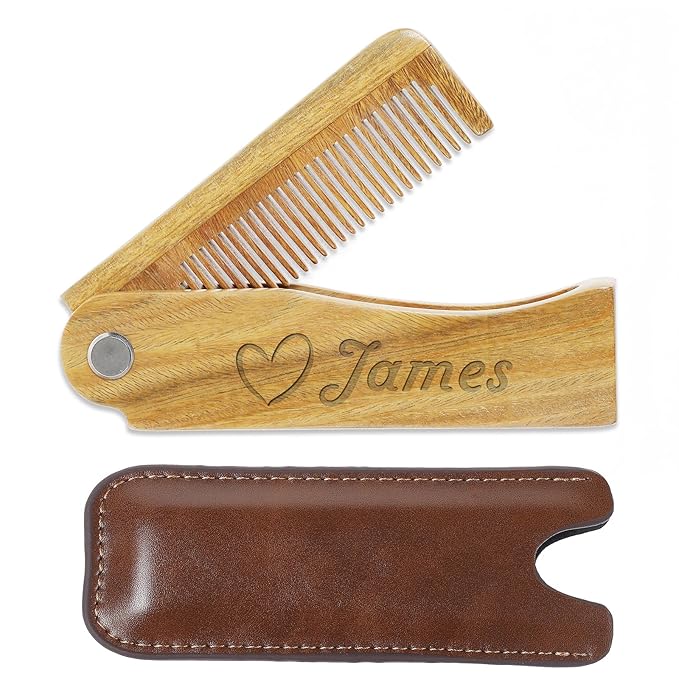 Onedor Wooden Comb, Personalized Custom Fine Tooth Combs for Men's Hair, Beard & Mustache, Anti-Static Sandalwood Comb, 100% Nature Handmade, Customized Gifts for Men - With Leather Case