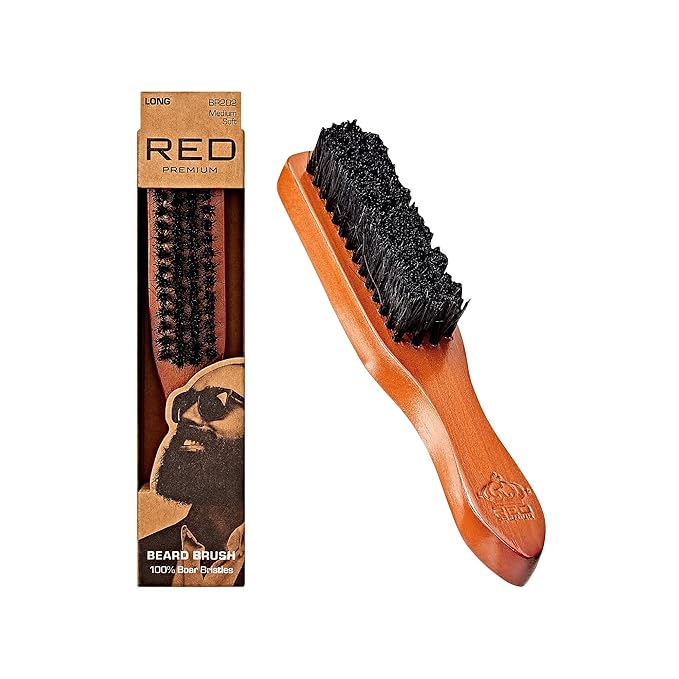 Red by Kiss Beard Brush with 100% Natural Boar Bristles for Men, Premium Wooden Brush, Beards Mustaches Grooming Shaving Comb, Tame and Soften Facial Hair (Long Handle)