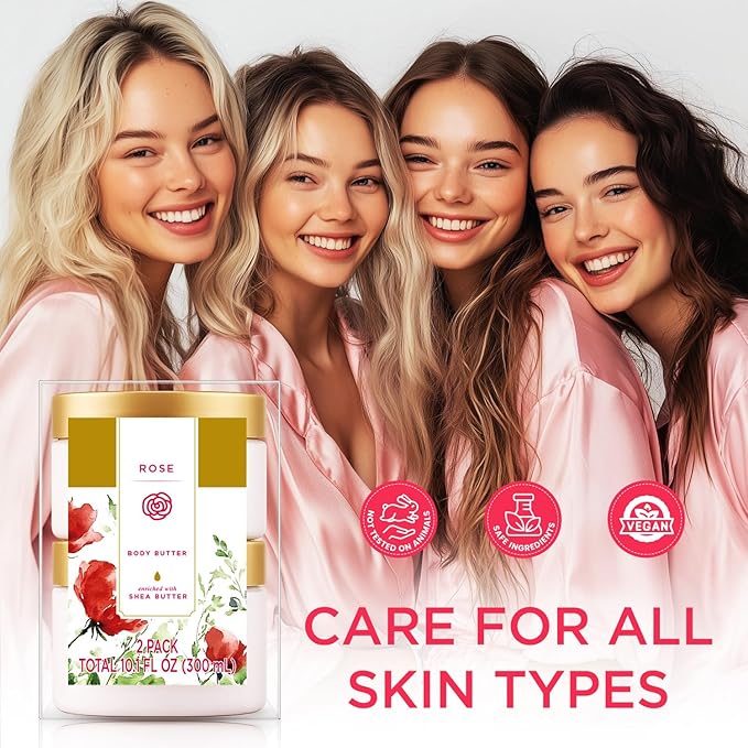 Princess Belle Rose Body Butter, Body Moisturizer for Dry Skin, Body Butter for Women Smell Good, Rose Gifts for Women-2 Pack (3.4floz + 6.8 floz)