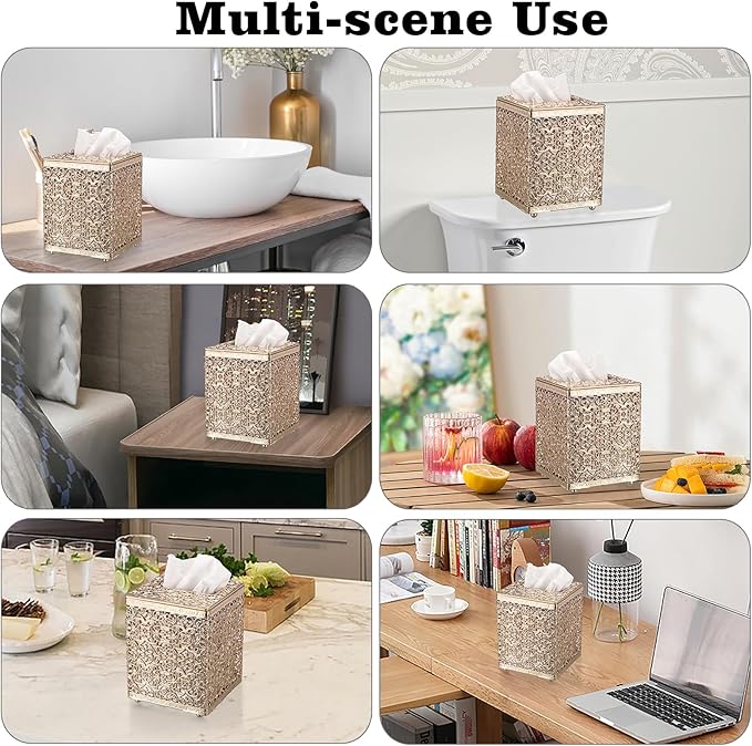 Sumnacon Tissue Box Cover Square Tissue Box with Lid, Metal Tissue Box Holder Stylish Tissue Cover Cube Tissue Box Cover for Bathroom Toilet Kitchen Table Desk Home Office, Gold