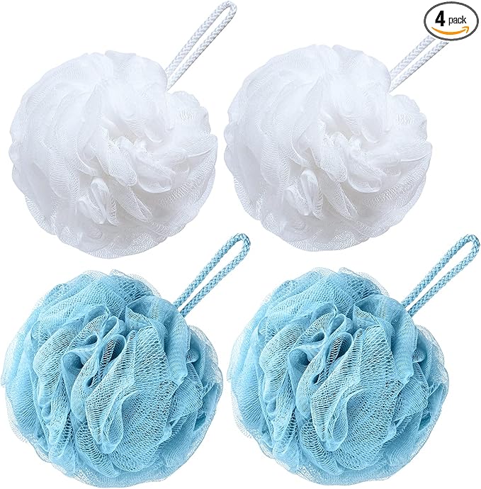 VANZAVANZU Bath Loofah Large 80g Shower Sponge Body Scrubber Mesh Pouf for Men and Women, Set of 4 (Turquoise + White)