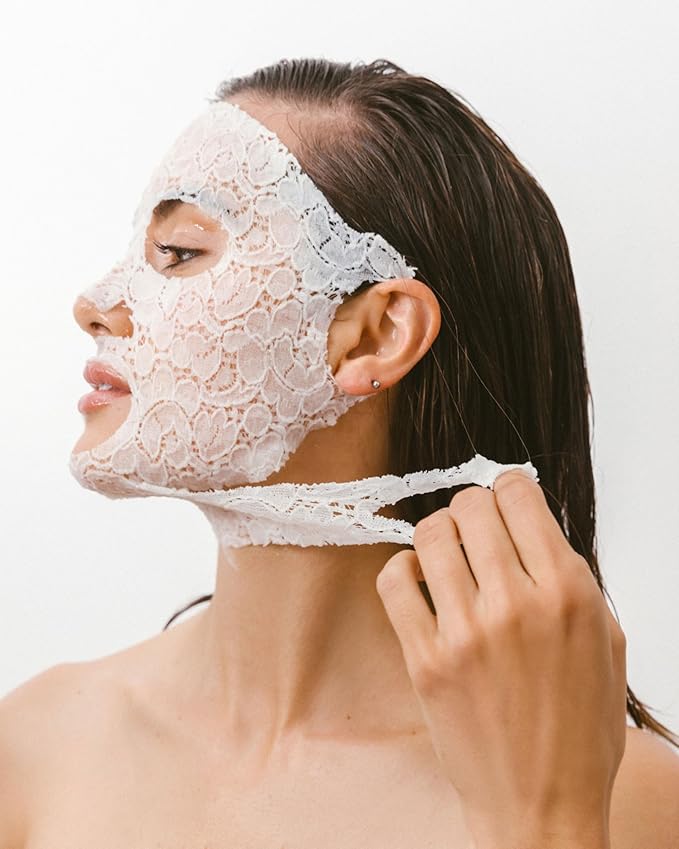 DERMOVIA LACE YOUR FACE Patented Compression Facial Mask, AS SEEN ON SHARK TANK, Reusable Biodegradable Cotton Anti Aging Skin Care, Hydrating Rose Water, 4 pack