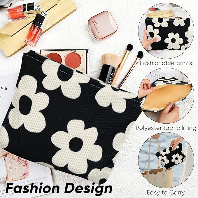 Cute Makeup Pouch for Women Flower Small Make Up Bag for Purse Zipper Initial Cosmetic Bags Pouches for Purse Aesthetic Travel Toiletrybags Gift,Black White Floral