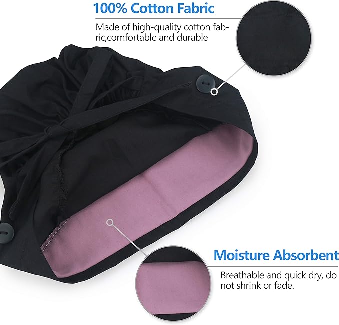 QBA Adjustable Working Cap with Button, Satin-Lined Hat, Cotton Working Hat Sweatband, Elastic Tie Back Hats Unisex