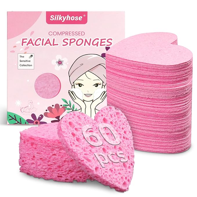 Women 60-Count Compressed Cellulose Heart Shape Face Facial Sponges 100% Natural Cosmetic Sponges for Facial Cleansing Exfoliating Mask Skin Massage (Pink)