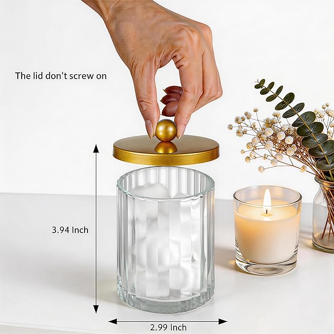 Amolliar Qtip Holder Dispenser for Bathroom, Clear Glass Canister Apothecary Jar for Cotton Swabs, Cotton Balls, Makeup Pads, Floss Picks, Container for Countertop Vanity Storage Organizer,Gold 4 Pack