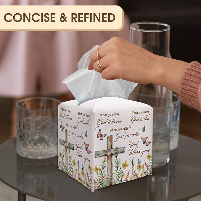 Christian Decorative Tissue Box Cover Square, Floral Napkin Tissue Box Holder, Religious Faith Gift Ideas for Family Friends, Home Kitchen Dining Table Decor-(5.2 Inches) A01