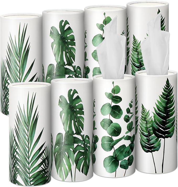 Zonon 8 Pcs Greenery Car Tissue Cylinder with 3-ply Facial Tissue Bulk Round Tissues Holder Box Spring Travel Cylinders Tubes for Car Decoration with 50 Sheets for Cup Holder Round Container