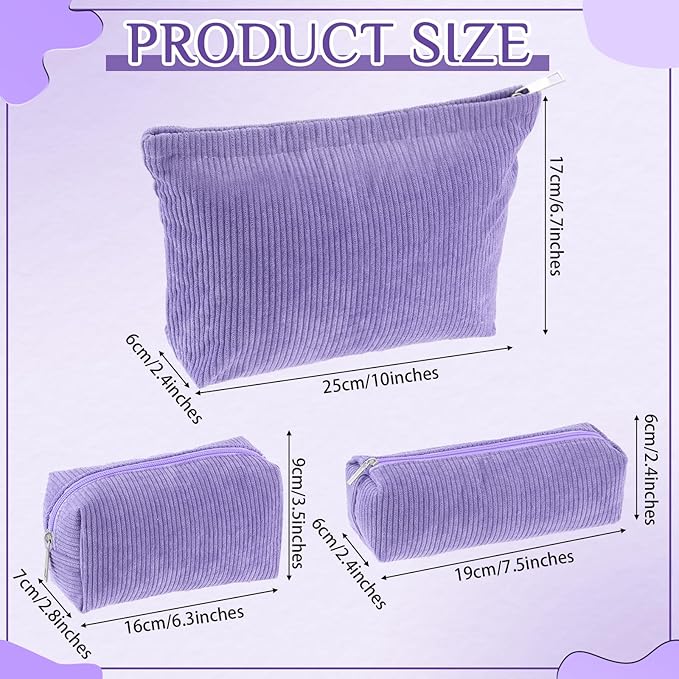 3 Pcs Makeup Bag Set for Women Corduroy Cosmetic Pouch Aesthetic Smile Travel Toiletry Bag Cute Purse Pouch Pencil Case Makeup Brushes Storage Organizer with Zipper(Purple,Solid Style)