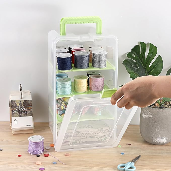 BTSKY Clear Plastic Dividing Storage Box with 4 Deep Compartments Adjustable Storage Bin with Lid Portable Craft Container Multipurpose Sewing Box Art Supply Organizer, 13.9x7.9x6.2 Inches, Green