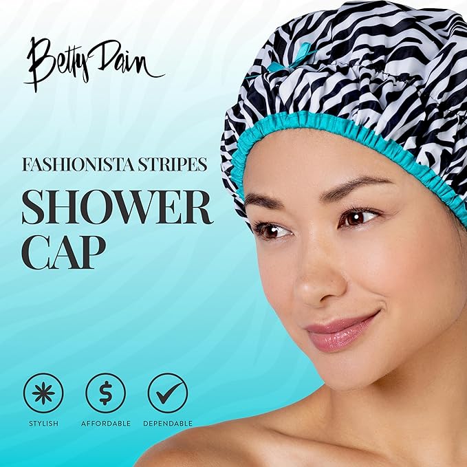 Reusable Shower & Bath Cap & Lined, Oversized Waterproof Shower Caps Large Designed for all Hair Lengths with PEVA Lining & Elastic Band Stretch Hem Hair Hat - Fashionista Sassy Stripes