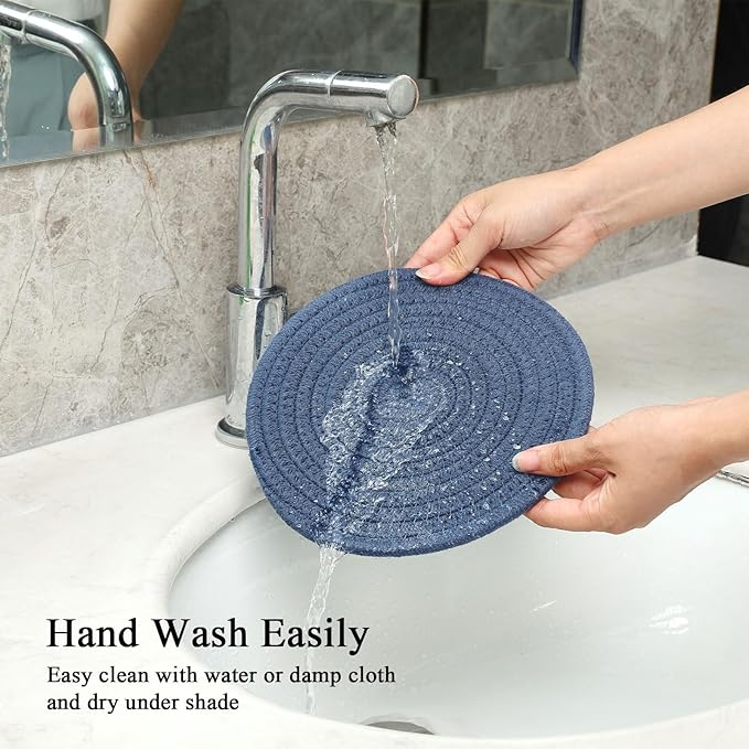 SHACOS 8 Inch Trivets for Hot Dishes, 4 Pcs Cotton Trivets Mats for Kitchen, Hot Pads for Countertops and Table, Heat-Resistant Pot Holders for Hot Pots and Pans(Blue+Dark Grey)