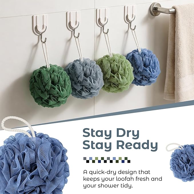 Shower Loofah Bath Sponge, 60G Loofah Exfoliating Body Scrubber, 4 Color Mesh Shower Pouf Balls for Body Wash (Blue Gray Green Dark Green)