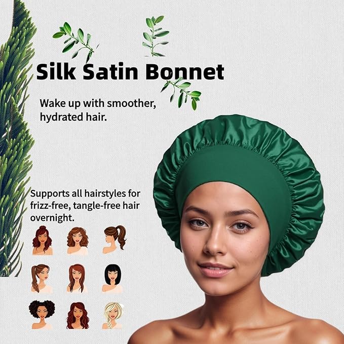 African Net Sponge, Exfoliating Body Scrubber, Soft Satin Silk Bonnet for Men Women Hair Bonnet for Sleeping, Double Layer Silk Sleep Cap, Dark Green, HomeyVenture