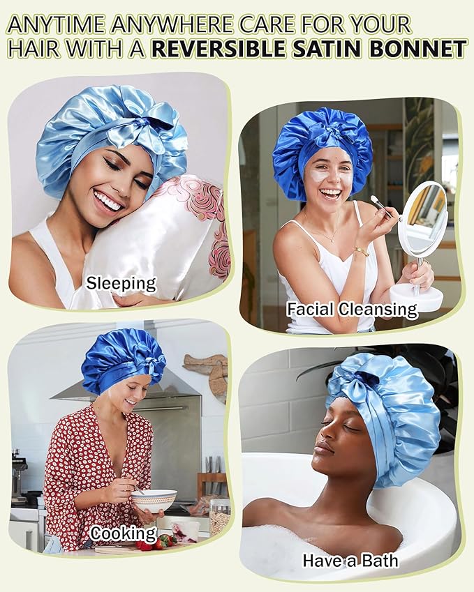 AWAYTR Satin Bonnet Silk Hair Wrap Sleeping Cap for Women with Curly Hair, Reversible Double Layer Sleep Cap with Tie Band (Blue) 7 7/8-8