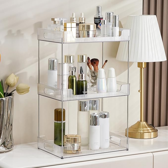 3 Tier Bathroom Counter Organizer, Multi-Purpose Cosmetics Skincare Shelf, Fits A4 Size Makeup Organizer for Office and Vanity Tray, Countertop Storage Solution for Kitchen,Bath.(Clear)
