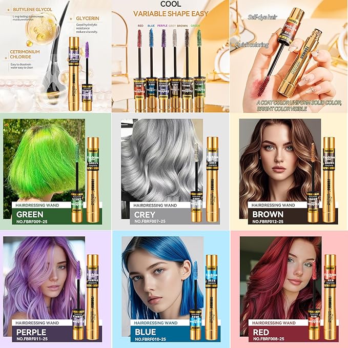 Hair Coloring Wand, 6 Colors Temporary Hair Mascara with Brush - No Bleach Formula, Smudge-Resistant & Quick-Drying for Highlights, Ombre, Daily Styling