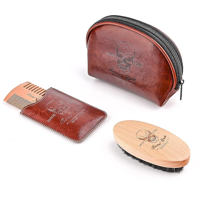 Beard Brush and Comb Set, Boar Bristle Hair Beard Brush Kit with Small Leather Travel Toiletry Bag Case for Men, Include Men's Wooden Mustache Comb