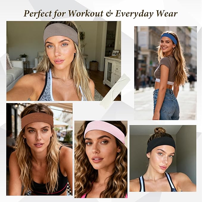 Headbands for Women Non-Slip Workout Hair Bands, 6 Pack Stretchy Athletic Soft Sweatbands, Elastic Cloth Fabric Headband, Fashion Head Bands for Yoga Running Sports Gym Sports Exercise