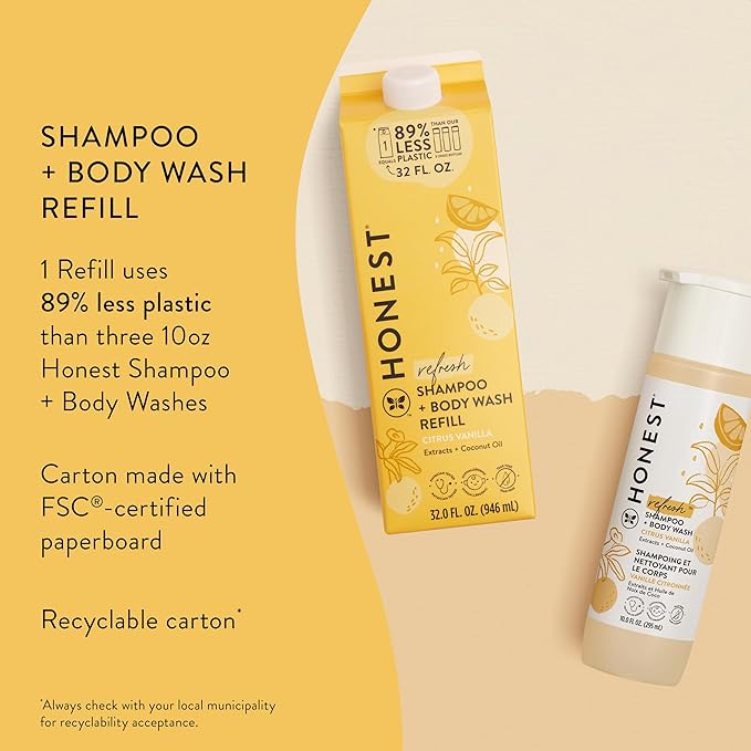 The Honest Company 2-in-1 Cleansing Shampoo Body Wash Refill Carton, Gentle for Baby, Naturally Derived, Tear-free, Hypoallergenic, Citrus Vanilla Refresh, 32 fl oz